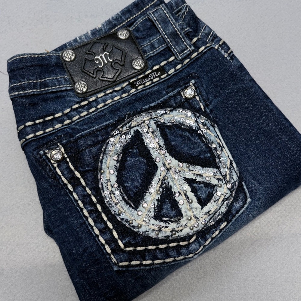 Miss Me Skinny Jeans Womens 32 Blue Denim Peace Sign Sequin Bling Distressed
